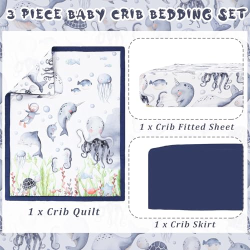 Image of Hahafelt 3 Pcs Baby Crib Bedding Set Under The Sea Ocean Nursery Nautical Crib Set Includes Ocean Quilt, Fitted Sheet, Skirt for Baby Boy Girl(Blue)