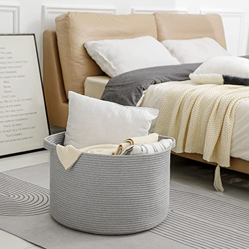 Image of MEGASKET Extra Large Grey Storage Basket, 22 inch X 22 inch X 14 inch XXXL Blanket Basket for Living Room, Gray Wicker Woven Cotton Rope Baskets for Storage, Kids Toy Baskets Bins, Decorative Pillow Towel Basket