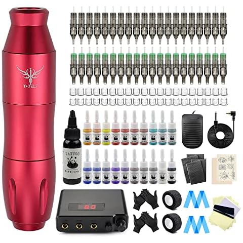 Tattoo Kit-TATELF Tattoo Gun Kit Professional Complete Tattoo Starter Kit Rotary Tattoo Machine Pen Set Power Supply Foot Pedal 40pcs Cartridge Needles 21 Colors Ink For Beginners & Artists(Red) Cover