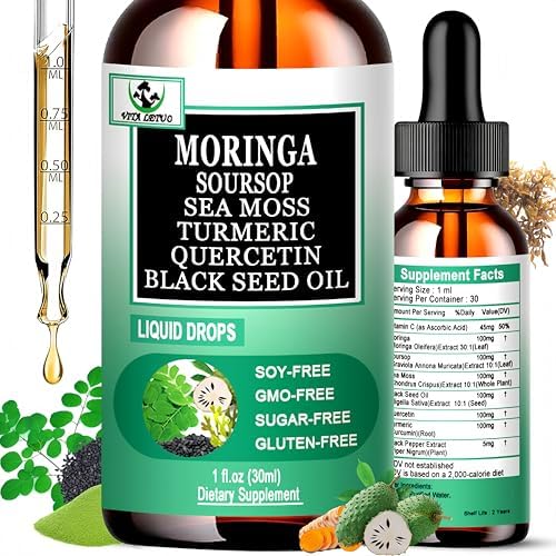 Moringa Drops,Pure Moringa Oleifera Liquid Extract with Soursop Sea Moss Black Seed Oil Quercetin Turmeric – Multimineral&Vitamins Superfood Drops for Energy Immune,Digestive,Cell Support,30 Serving