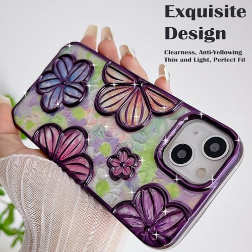 Image of mobistyle Designed for iPhone 14 Plus Cover| Electroplating TPU Bling Colourful 3D Floral Camera Protection Back Cover Case for Girls & Women (Purple Electroplating Flowers)