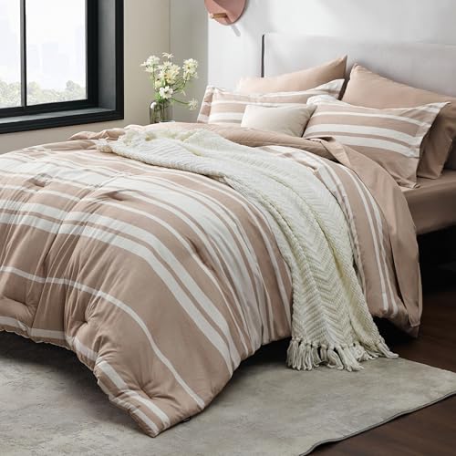 Image of Bedsure Queen Comforter Set 7 Pieces, Light Camel Striped Bedding Set for All Seasons, Reversible, Cationic Dyeing Bed in a Bag with Comforter, Sheets, Pillowcases & Shams