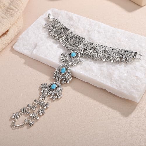 Octwine Women Boho Green Turquoise Hand Chain Finger Ring Bracelet Vintage Ring Bracelet for Prom Party Silver Bracelets for Women Finger Chain Bracelet with Pearls Green Boho Bracelet for Women3