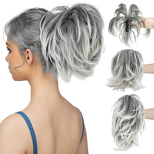 CJL HAIR Claw Clip Short Ponytail Hair Extensions DIY Bendable Metals Messy Bun Hair Piece for Wonen Straight Synthetic Fake Hairpieces Salt and Pepper