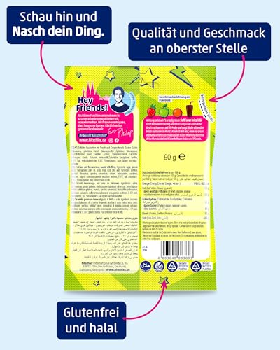 hitschies Softi Sour brizzl Mix - Fruchtig-saure Kaubonbons mit Brausepulver-Kern - Erdbeere, Apfel, Orange & Cola - Glutenfrei & Halal - 16 x 90g