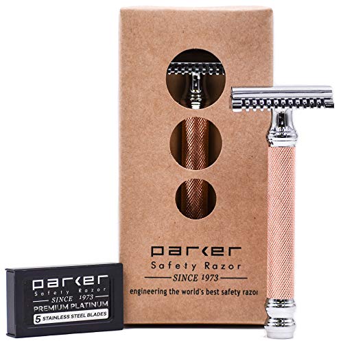 Parker 63C - Rose Gold Three Piece Ultra Smooth Shaving Open Comb Double Edge Safety Razor & 5 Parker Blades