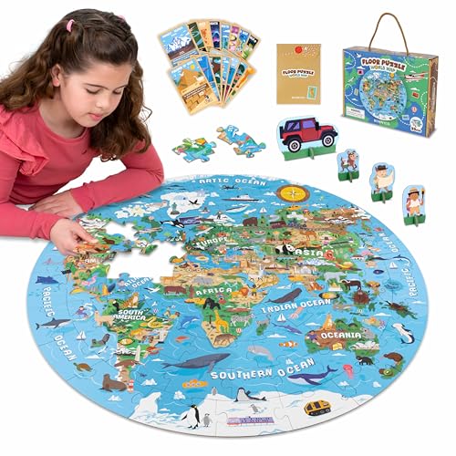 BONNYCO Puzzle XXL Mapa Mundi Niños con 70 Piezas Grandes. Rompecabezas Redondo con Animales, 58 x 58 cm, 15 Tarjetas, 4 Figuras y Guía. Juegos Educativos, Regalos, Juguetes Niños 4 Años