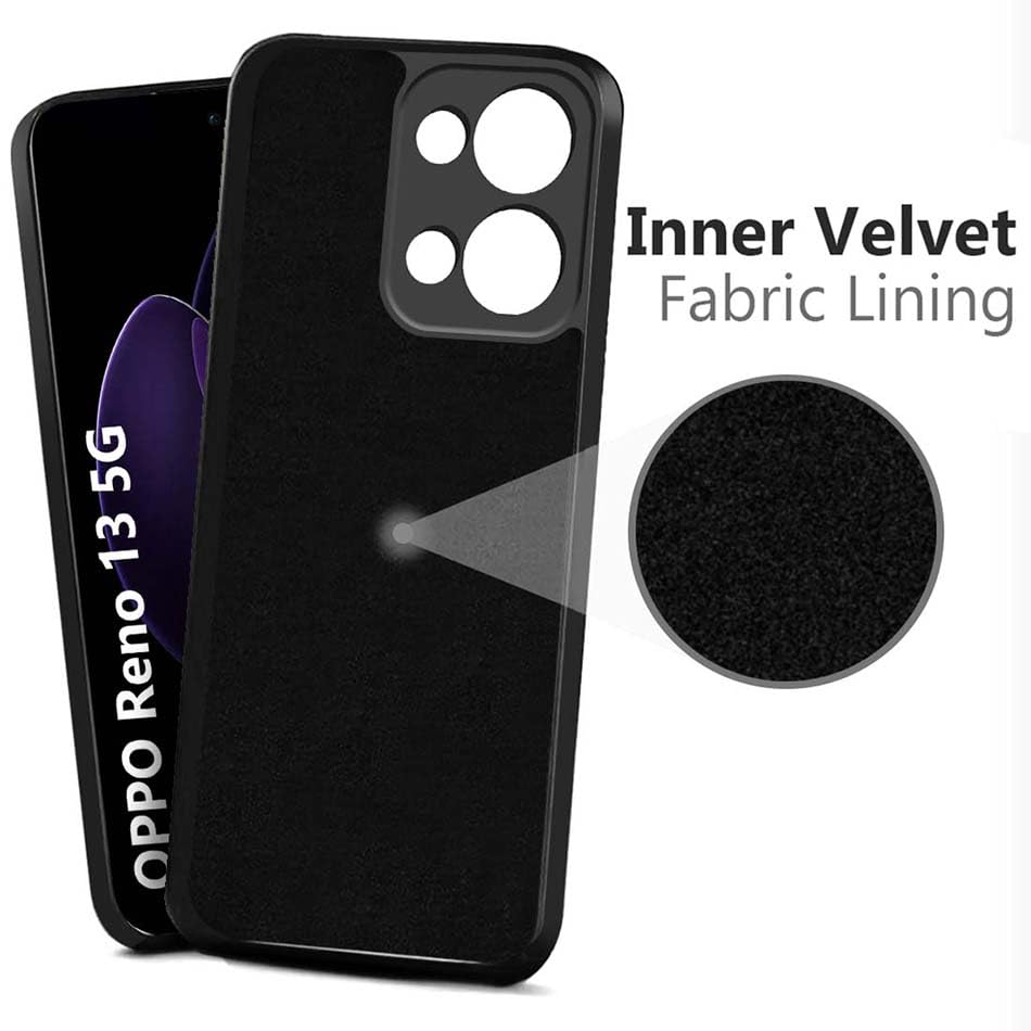 Image of Fashionury Liquid Silicon Back Cover for Oppo Reno 13 5G | Camera Protection | Inner Velvet Fabric | Anti-Fingerprint | Ultra Slim Case (Black)