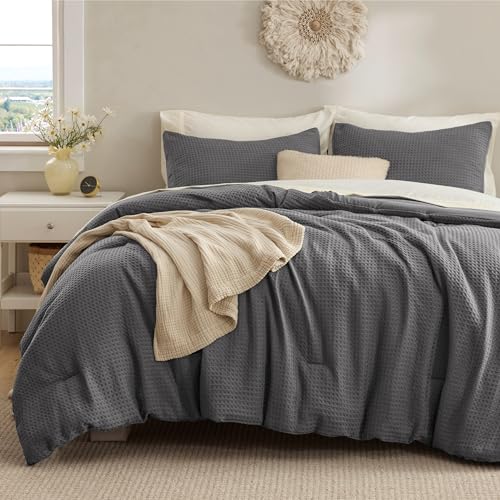 Image of Bedsure Waffle Comforter Set Twin, Soft and Breathable Dark Grey Bedding Comforter Set, 2 Pieces, 1 Waffle Weave Comforter (68 inchx88 inch) and 1 Pillowcases (20 inchx26 inch)