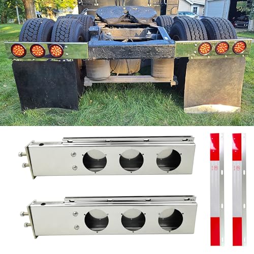 GaeaAuto Stainless Steel Straight Spring Loaded Mud Flap Hanger Bracket Mudflap Holder Set 2.5 Bolt Spacing 30 Length with Aluminum Reflective Tapes and 4 Light Cutouts fit for Semi Trucks 2 Pack