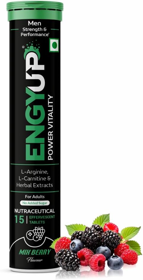 ENGYUP Vitality Booster For Men │ Strength & Energy Booster │ Ashwagandha, Safed Musli, Ginseng, Gokharu, Arginine, Carnitine │15 Effervescent Tablets │MixBerry Flavor