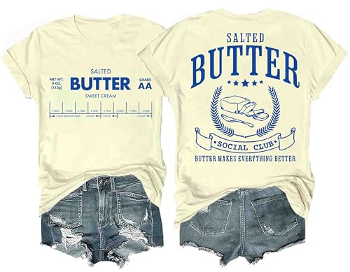 Funny Butter Printed Graphic T-Shirt for Women Salted Butter Foodie Baking Tee Cute Vintage Casual Summer Top