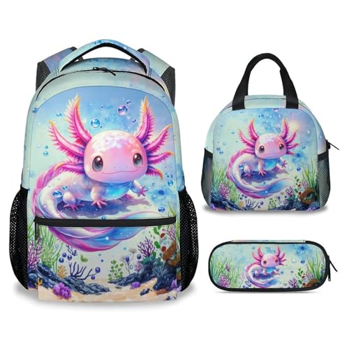 School Backpack with Lunch Box Set for Girls, 3PCS Axolotl Backpacks Matching Combo for Kids, Cute Animals Bookbag and Pencil Pouch Bundle for High School