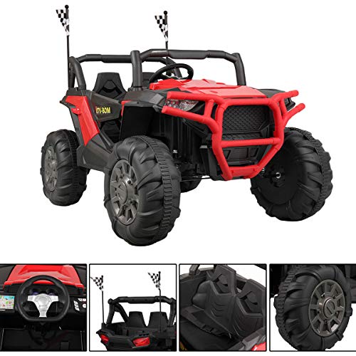TOBBI 12V Electric Kids Ride-On Car, Realistic Off-Road UTV, Two Seater Ride On Truck, Remote Control, Music, 3 Speeds, LED Lights, 4 Big Shock-Absorbing Tires, Black & Red