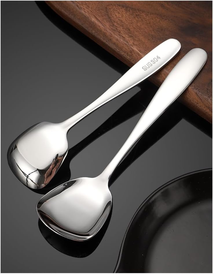 Silverware Flatware Set, 1/4/6/8/10/12 Piece 304 Stainless Steel Square Head Spoon Thickened Spoon Spoon Dessert Spoon Student Ice Cream Spoon(Black,12 Pieces)