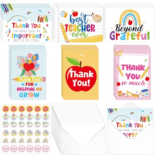 Fun Teacher Thank You Cards: 36 Pcs Doodle School Themed Teachers Appreciation Card with Envelopes & Stickers, Unique Greeting Cards Bulk, Gifts for Appreciation Week and Graduation