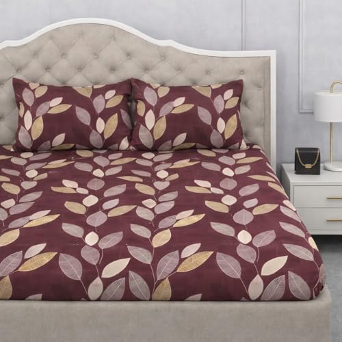 Image of 300 TC Cotton Feel Glace Cotton Elastic Fitted Bedsheet for King Size Double Bed | Fits up to 8 Inch Mattress | Printed Bedsheet with 2 Pillow Covers (WineLeaf, Double Size - 72 inchx72 inch)