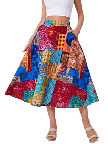 Women's Patchwork Skirt High Waisted A Line Flowy Boho Vintage Midi Skirt