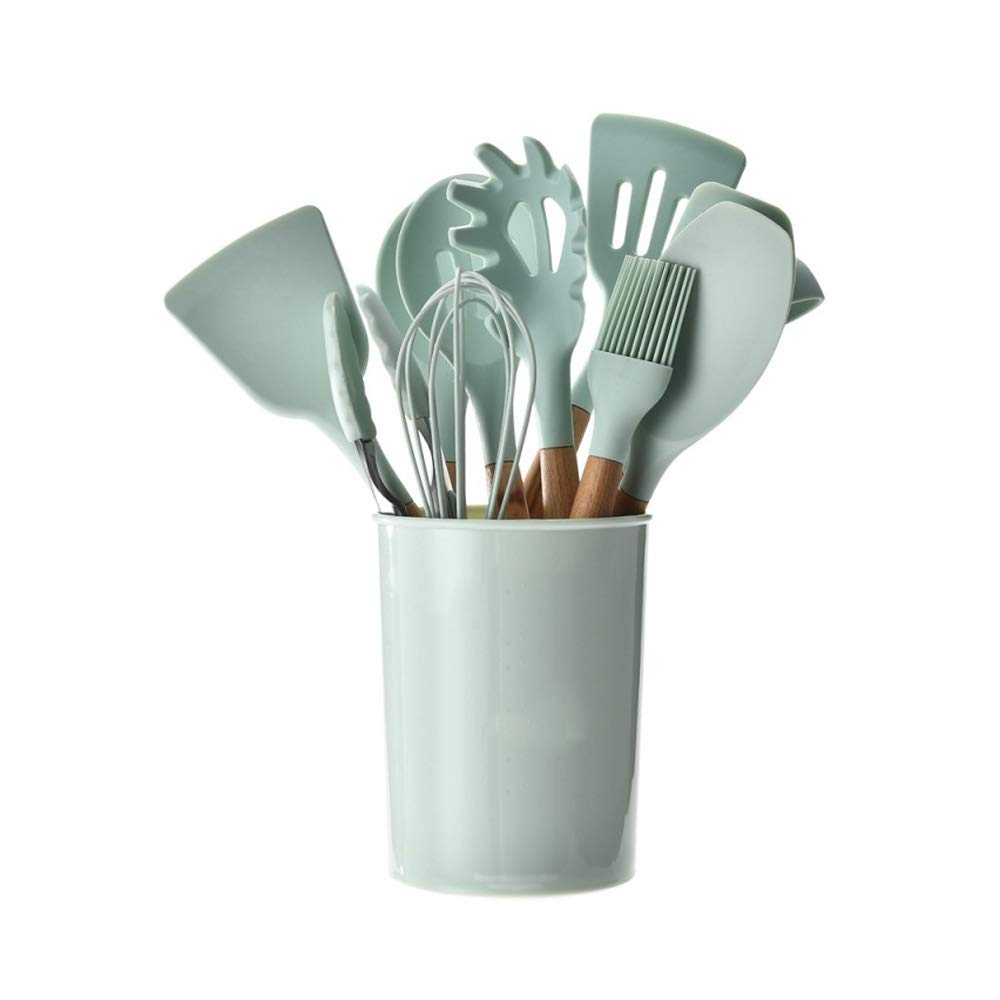 Barils de Stockage d'ustensiles de Cuisine en Silicone avec poignée en Bois Vert Frais Ensemble d'ustensiles de Cuisine spatule antiadhésive 11 pièces