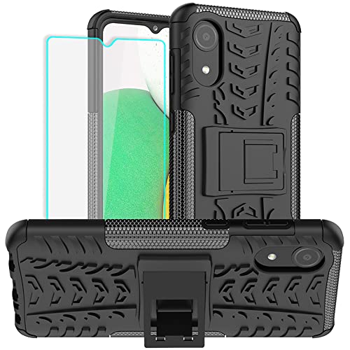 Samsung Galaxy A03 Core Case with HD Screen Protector, Shockproof Silicone Protective Cover with Kickstand (Black)
