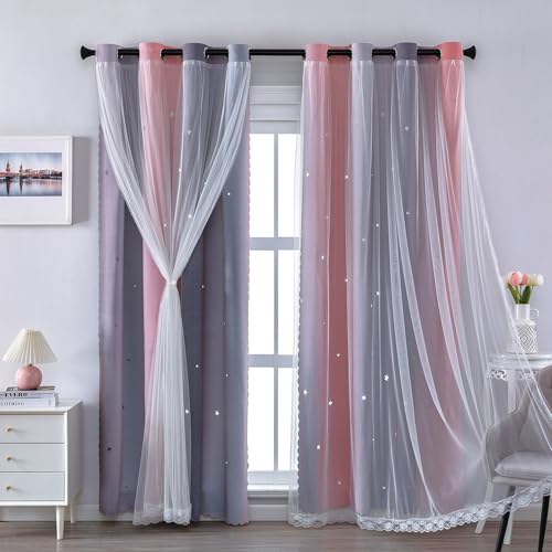 XiDi Rideaux Chambre Enfant, Rideaux Occultants avec Tulle Décoratif, Motifs Étoilés, 132x213 CM(Largeur x Hauteur), Rose/Gris Clair/Gris, 2 Pièces