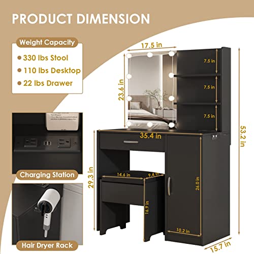 Image of Makeup Vanity Desk with Lighted Mirror & Power Strip,Makeup Vanity Table with Lights and Lots Storage,3 Lighting Modes,35in Large Drawers Vanity Table,Black