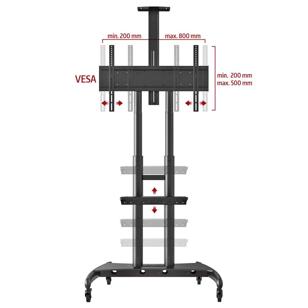 Ergosolid Supporto TV da Pavimento, Ruote Carrello Staffa Porta Mobile Stand Orientabile per Schermi 55-80 Pollici (diagonale 140cm - 204cm), capacità di carico di 90,9kg, Max VESA 800x500, Nero
