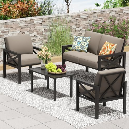 Image of NATURAL EXPRESSIONS Outdoor Patio Furniture 4 Pieces Set, Modern Patio Conversation Sets, Outdoor Sectional Metal Sofa with 5.5 Inch Cushion and Coffee Table,Shale