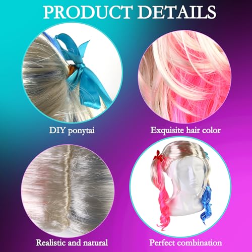 2Pcs Long Pink Blue Wigs for Women Curly Wavy Blonde Blonde Ombre Pink Blue Three Tone Synthetic Wig Half Colorful Hair with Wig Cap Anime Cosplay Wigs for Halloween Christmas Party Carnival - Image 4