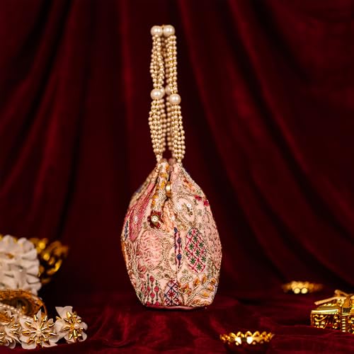 Image of Opulent Pearl Potli Bag, Bridal Wedding Handbag, Designer Beaded Clutch for Women, Festive Ethnic Purse