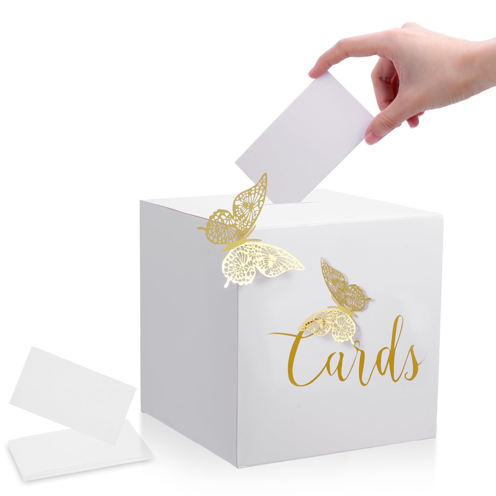 Muiltvoe Wedding Card Box 22cm Gold Foil Card Box with Cards Raffle Ticket & Money Boxes for Wedding Reception Anniversary Party Graduation Birthday Baby Shower Decorations (White)