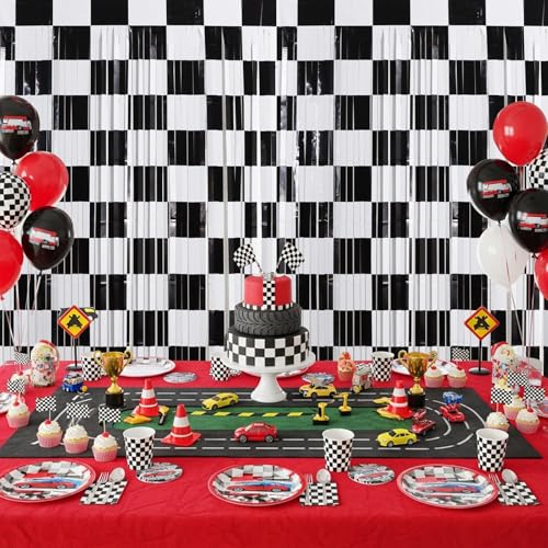 Image of TONIFUL 2 Packs Race Car Checkered Foil Fringe Curtains 3.3 x 6.6 ft | Black and White Metallic Tinsel Streamers Curtain Backdrop for Race Car Themed Birthday Sports Party Photo Booth Decorations