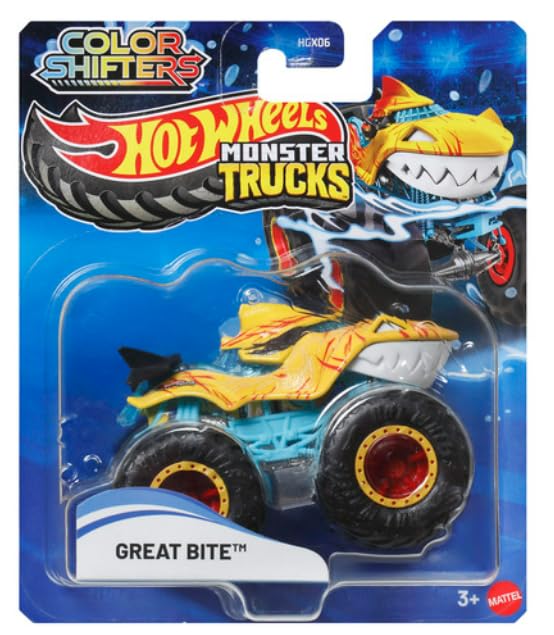 Hot Wheels Monster Trucks Color Shifters - Great Bite [Shark] - Color Changes When Exposed to Water! 1:64 Scale Diecast Toy Vehicle
