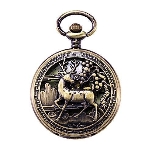 Treeweto Vintage Taschenuhr, mechanisch, doppelter Abdeckung, hohles Gehäuse, Skelett, Steampunk, Hirsch, für Herren und Damen – Bild 3