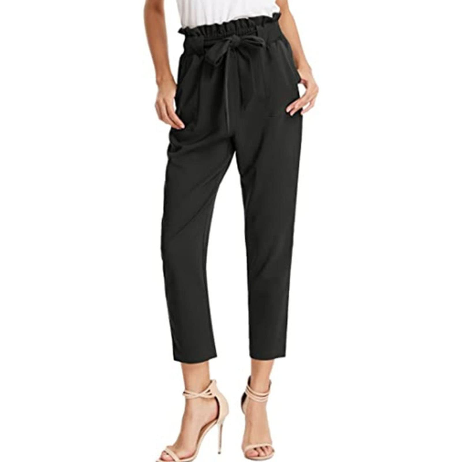 Maiyifu-GJ Women's High Waist Paper Bag Pants Solid Self Tie Belted Pencil Trouser Casual Drawstring Long Pants with Pocket (Black,Small)