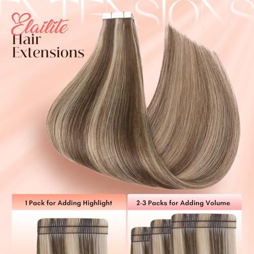 Image of Elailite Tape in Hair Extensions Human Hair Thick Real Remy Hairpieces Medium Brown & Dark Blonde 22 Inch 50g 20pcs Straight Invisible Seamless Skin Weft Best Tape for Women