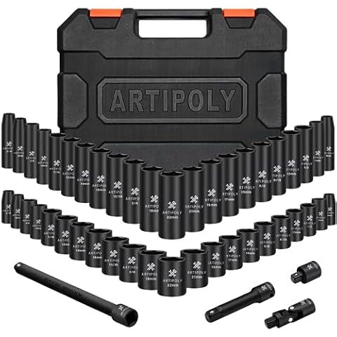 ARTIPOLY 3/8in Impact Socket Set, 6-Point Deep and Shallow Socket Set, 48 Piece Standard SAE and Metric from 5/16in to 3/4in and 8mm to 22mm,Cr-V Steel Mechanic Socket Kit Cover