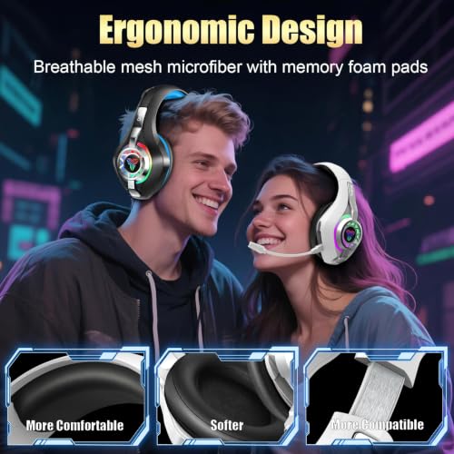 Image of Ordtop 2.4GHz Wireless Gaming Headsets for PS5 /PS4 /Switch, 2026 RGB Noise Cancelling Over-Ear Headphones with 7.1 Surround Sound, 40mm Drivers, 276g Ultraligero, Memory Foam, 45H Gaming Headphones