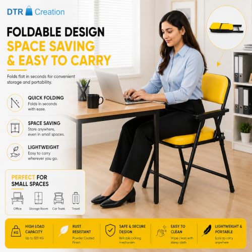 Image of Foldable Cushioned Chair with Armrests | Heavy Duty Metal Frame | Soft Padded Seat & Backrest | Space Saving Folding Chair for Home, Office, Study & Guest Seating | Yellow