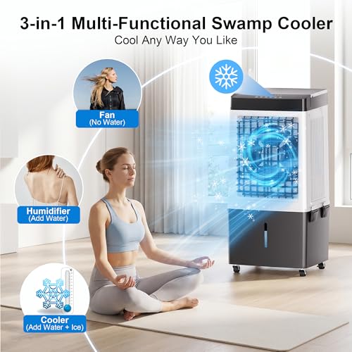 Image of Uthfy 3200CFM Swamp Cooler, 40 inch Evaporative Air Cooler with 8Gal Detachable Water Tank, 120 Oscillation, Remote, 12H Timer, 3 Speeds, Portable Cooling Fan for Home, Garage, Patio, Workshop