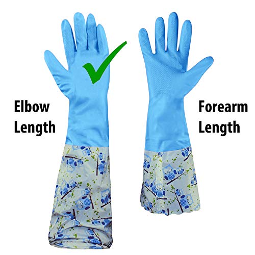 Image of Reusable Rubber Latex PVC Flock lined Long Sleeves elbow length Hand Gloves for Kitchen Dish-Washing, Cleaning, Gardening, Laundry and Sanitation and Lab Work (Long Elbow Gloves + Blue)