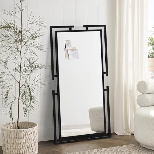 Image of Large Mirror Wall Decor, 46.5 inchx23 inch Black Mirror with Metal Frame for Bedroom, Living Room, Bathroom, Tempered Glass, Horizontal /Vertical