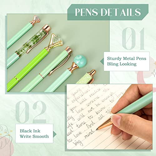 Image of Janmini Metal Crystal Glitter Ballpoint Pen Set 9 Pcs Black Ink Cute Cute Things Novelty Gifts for Women Girls Birthday Home Office (Green)