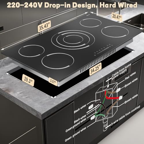 Image of Electric Cooktop 34.25 Inch(Cut-out Size: 34.25 inchx19.3 inch) - 9200W 36 Inch High Power 5 Burners Electric Stovetop, Built-in Ceramic Burner, Safety Lock, Expandable Ring, 240V Hard Wired (No Plug)