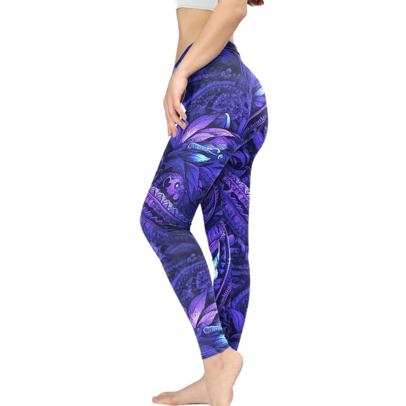 Irisjudy Purple Spiral Floral Women's Workout Leggings Yoga Biker Running Leggings, Gothic Ethnic Totem Flower High Waisted Athletic Pants Soft Tights Gym Clothes