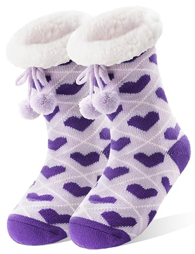 MOGGEI Womens Slipper Fuzzy Grips Socks Thermal Warm Fluffy Winter Thick Cozy Non Slip Plush Fleece Cabin Comfy Heart Socks Christmas Stocking Stuffers (Purple M)