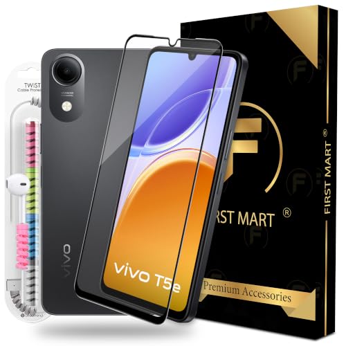 Image of FIRST MART Tempered Glass for Vivo T5e, 9H 0.3 mm Full-Glue Screen Protector with Cable Protector, 3D Edge-to-Edge, HD Clear, Case-Friendly, Black, Pack of 1