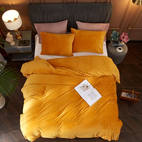 Ivellow Velvet Duvet Cover Set - Queen Size, Gold Velvet Comforter, 3 Pcs Ultra Soft, Breathable Solid Luxury Flannel Velour, Zipper Closure, Corner Tie