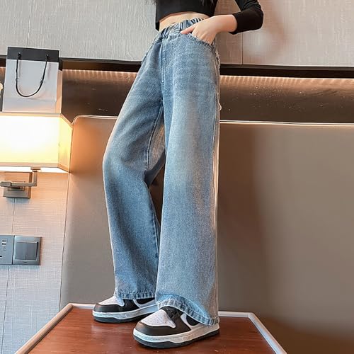 Girls Jeans Y2K Baggy Casual Wide Leg High Waist Elastic Denim Pants with Pockets Streetwear Outfits for Kids 6-15Y4