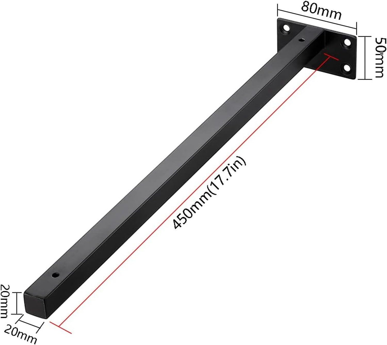 4 Pezzi Staffe Mensola Tubo Quadro Acciaio Inox Supporto Industriale Muro Resistente Staffa da Parete, per Cucina, Camera da Letto, Soggiorno, Nero, 450mm/17.7in, 450mm/17.7in